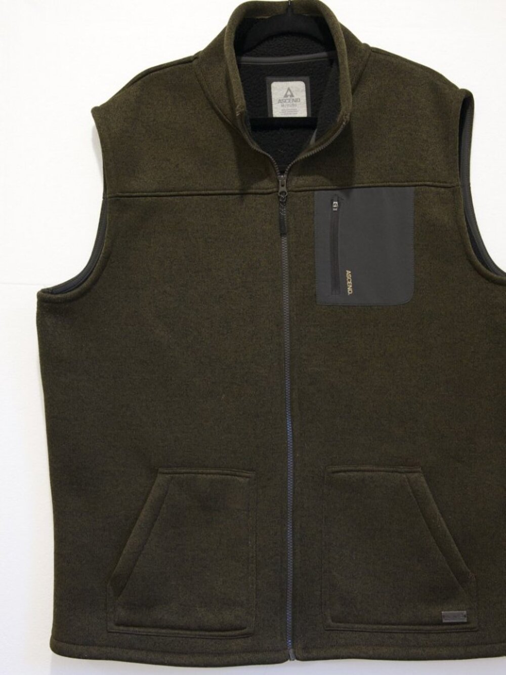 Ascend Men's Sweater Fleece Vest Full Zip Olive Brown Heather Fleece Lined XL